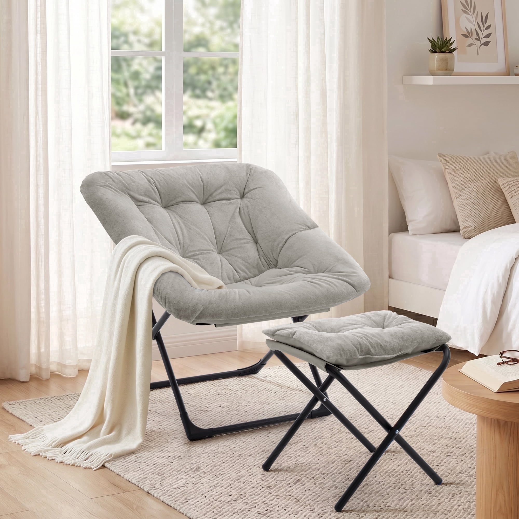 OAKHAM Saucer Chair with Ottoman, Large Pink, Foldable Faux Fur