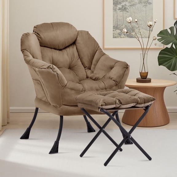 SAETSFEG Lazy Chair with Ottoman, Comfy Accent Lounge Chair with Side Pocket, Modern Reading Armchair with Footrest, Upholstered Sofa Chair for Small Spaces, Bedroom, Living Room, Dorm, Brown