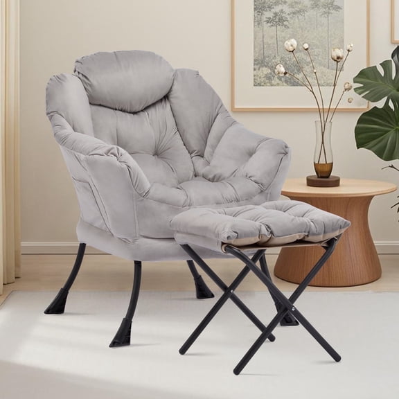 SAETSFEG Lazy Chair with Ottoman, Comfy Accent Lounge Chair with Side Pocket, Modern Reading Armchair with Footrest, Upholstered Sofa Chair for Small Spaces, Bedroom, Living Room, Dorm, Grey