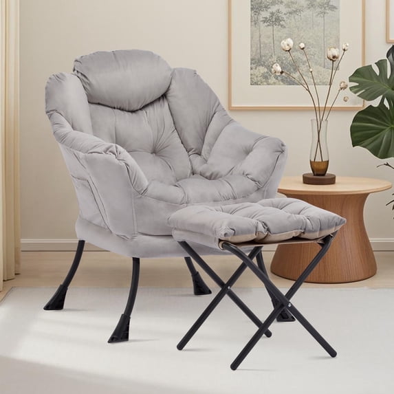 SAETSFEG Lazy Chair with Ottoman, Comfy Accent Lounge Chair with Side Pocket, Modern Reading Armchair with Footrest, Upholstered Sofa Chair for Small Spaces, Bedroom, Living Room, Dorm, Grey