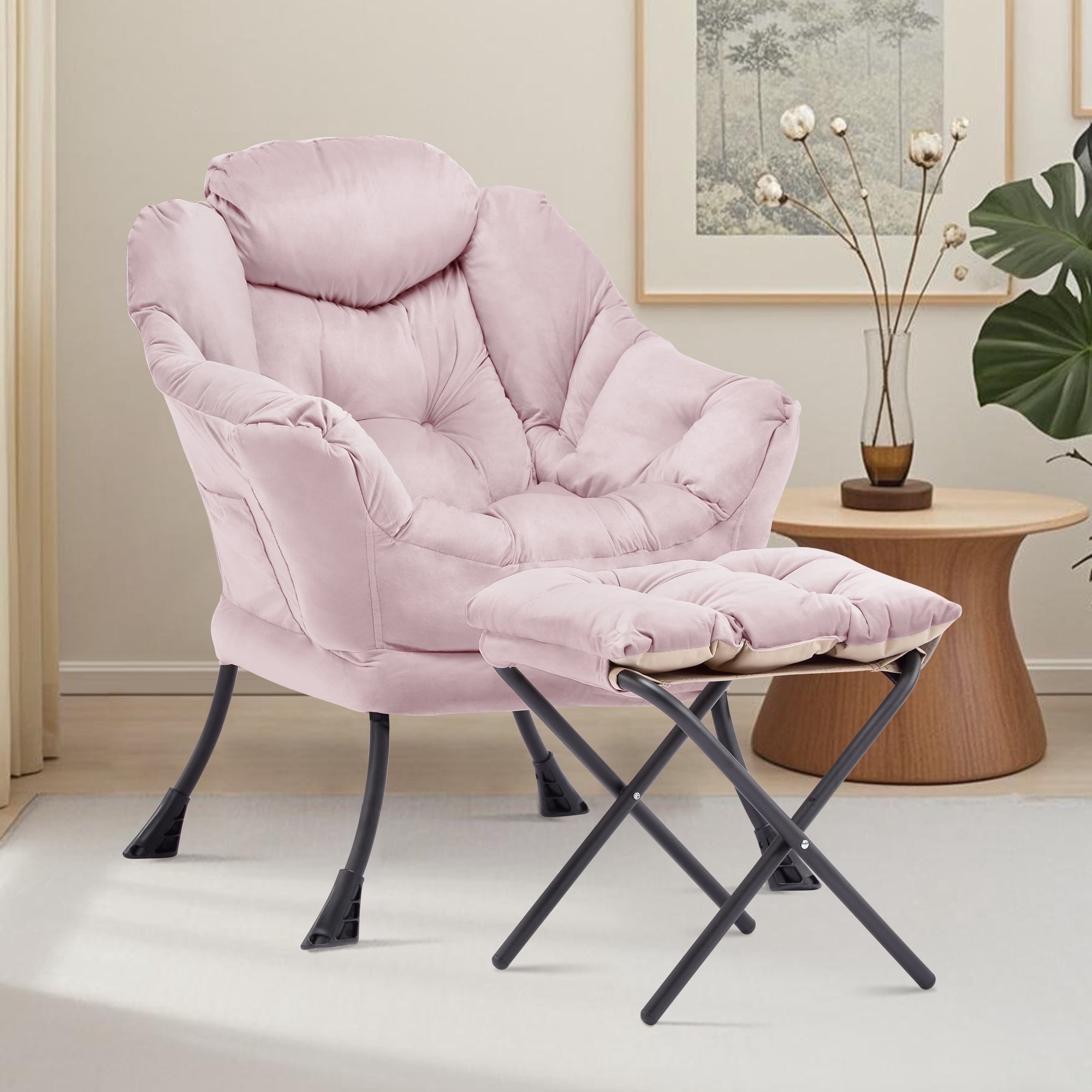 SAETSFEG Lazy Chair with Ottoman, Pink, Upholstered Lounge Chair ...