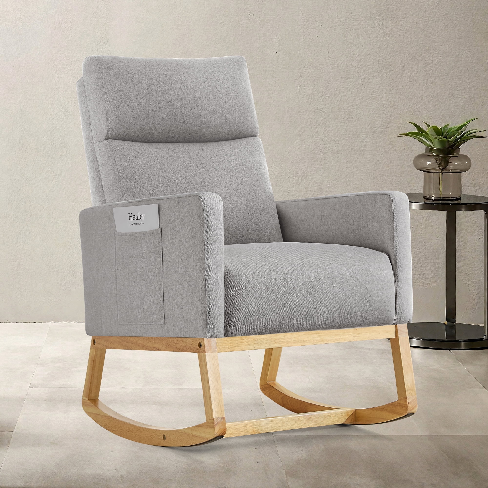 SAETSFEG Rocking Chair Nursery, Comfortable Upholstered Glider Rocker Chairs Indoor for Adults, Mid-Century Modern Nursing Accent Rockers for Living Room, Bedroom, LightGray