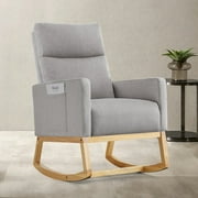 SAETSFEG Rocking Chair Nursery, Comfortable Upholstered Glider Rocker Chairs Indoor for Adults, Mid-Century Modern Nursing Accent Rockers for Living Room, Bedroom, LightGray