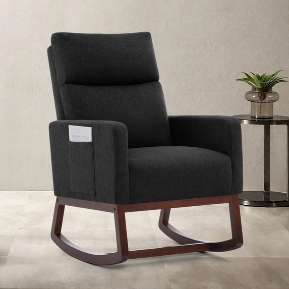 SAETSFEG Rocking Chair Nursery, Comfortable Upholstered Glider Rocker Chairs Indoor for Adults, Mid-Century Modern Nursing Accent Rockers for Living Room, Bedroom, Black