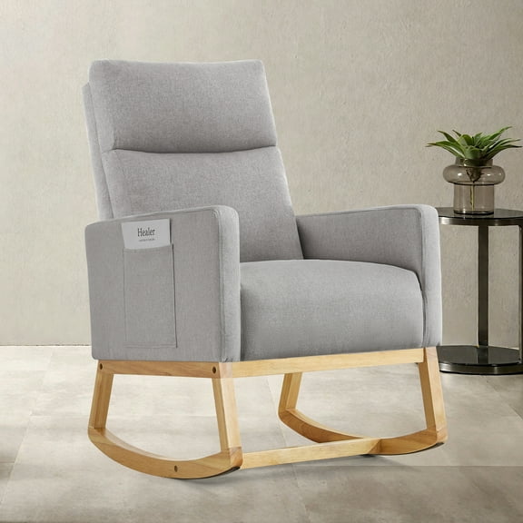 SAETSFEG Rocking Chair Nursery, Comfortable Upholstered Glider Rocker Chairs Indoor for Adults, Mid-Century Modern Nursing Accent Rockers for Living Room, Bedroom, LightGray
