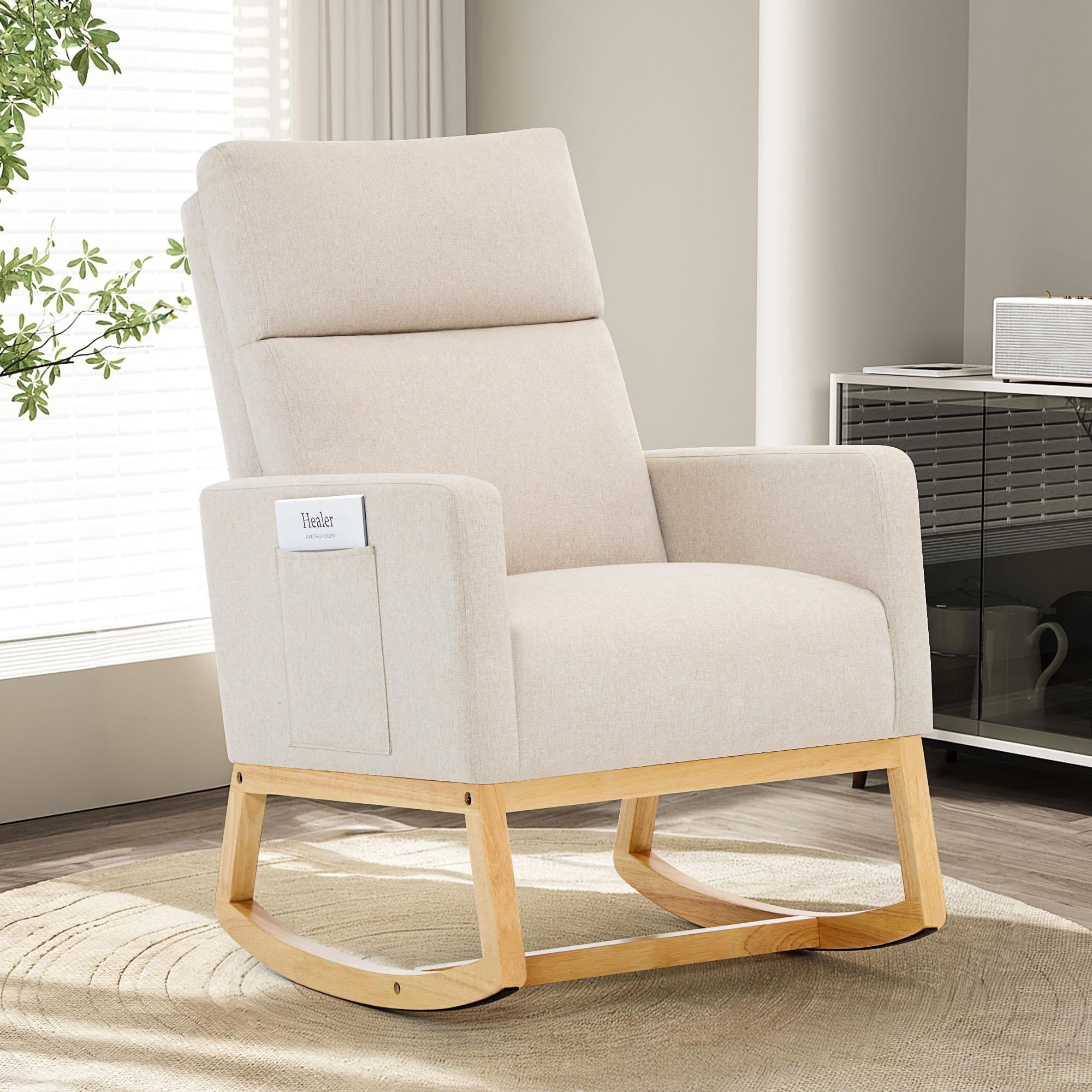 SAETSFEG Rocking Chair Nursery,Linen Upholstered Glider Rocker with Side Pocket and Wood Legs, Modern Accent Chair for Small Space, Living Room, Bedroom, Beige