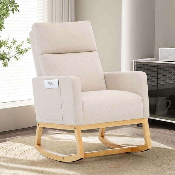 SAETSFEG Rocking Chair Nursery,Linen Upholstered Glider Rocker with Side Pocket and Wood Legs, Modern Accent Chair for Small Space, Living Room, Bedroom, Beige