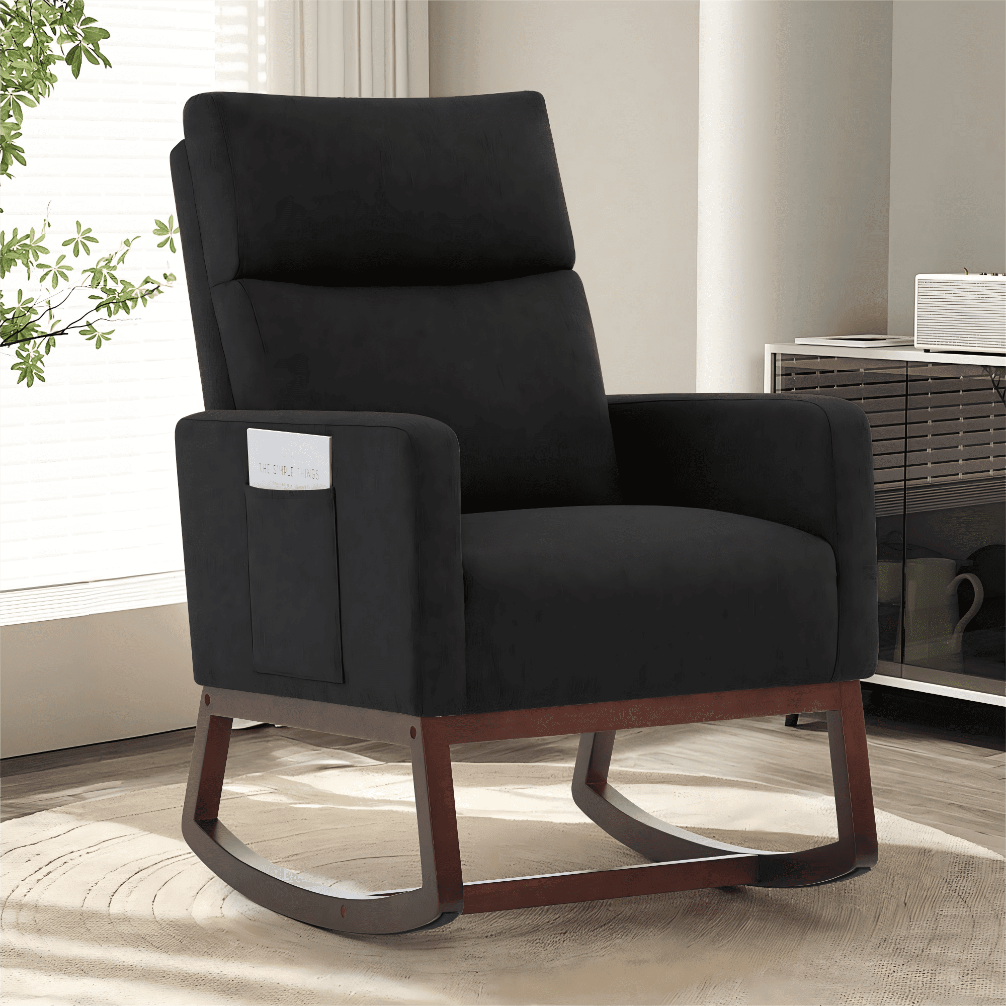 SAETSFEG Rocking Chair Nursery,Linen Upholstered Glider Rocker with Side Pocket and Wood Legs, Modern Accent Chair for Small Space, Living Room, Bedroom, Black
