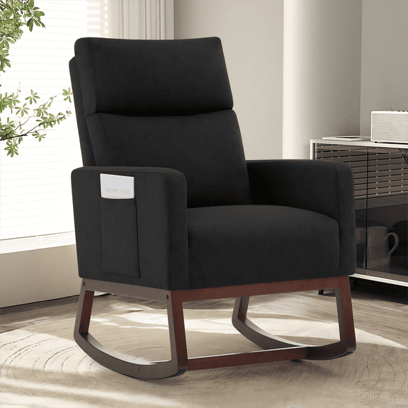 SAETSFEG Rocking Chair Nursery,Linen Upholstered Glider Rocker with Side Pocket and Wood Legs, Modern Accent Chair for Small Space, Living Room, Bedroom, Black