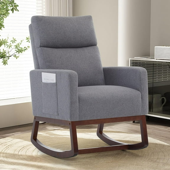 SAETSFEG Rocking Chair Nursery,Linen Upholstered Glider Rocker with Side Pocket and Wood Legs, Modern Accent Chair for Small Space, Living Room, Bedroom, Grey