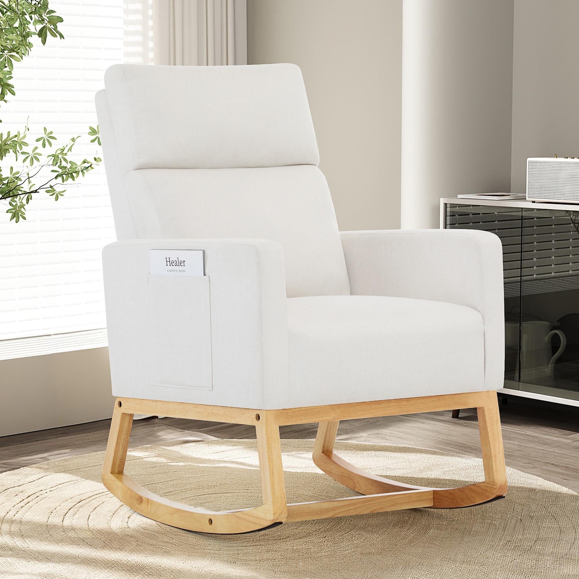 SAETSFEG Rocking Chair Nursery,Linen Upholstered Glider Rocker with Side Pocket and Wood Legs, Modern Accent Chair for Small Space, Living Room, Bedroom, Ivory