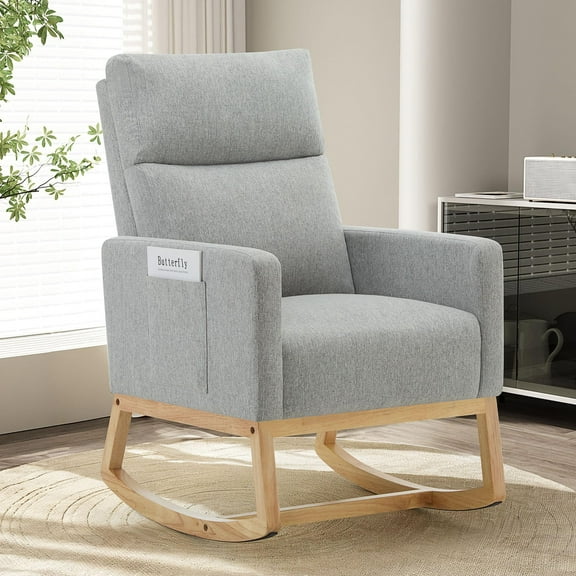 SAETSFEG Rocking Chair Nursery,Linen Upholstered Glider Rocker with Side Pocket and Wood Legs, Modern Accent Chair for Small Space, Living Room, Bedroom, Lightgrey