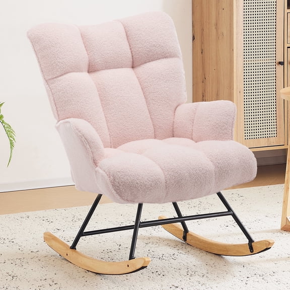 SAETSFEG Rocking Chair Nursery Teddy Upholstered Glider Rocker Rocking Accent Chair Padded Seat with High Backrest Armchair Comfy Side Chair for Living Room, Bedroom, Pink