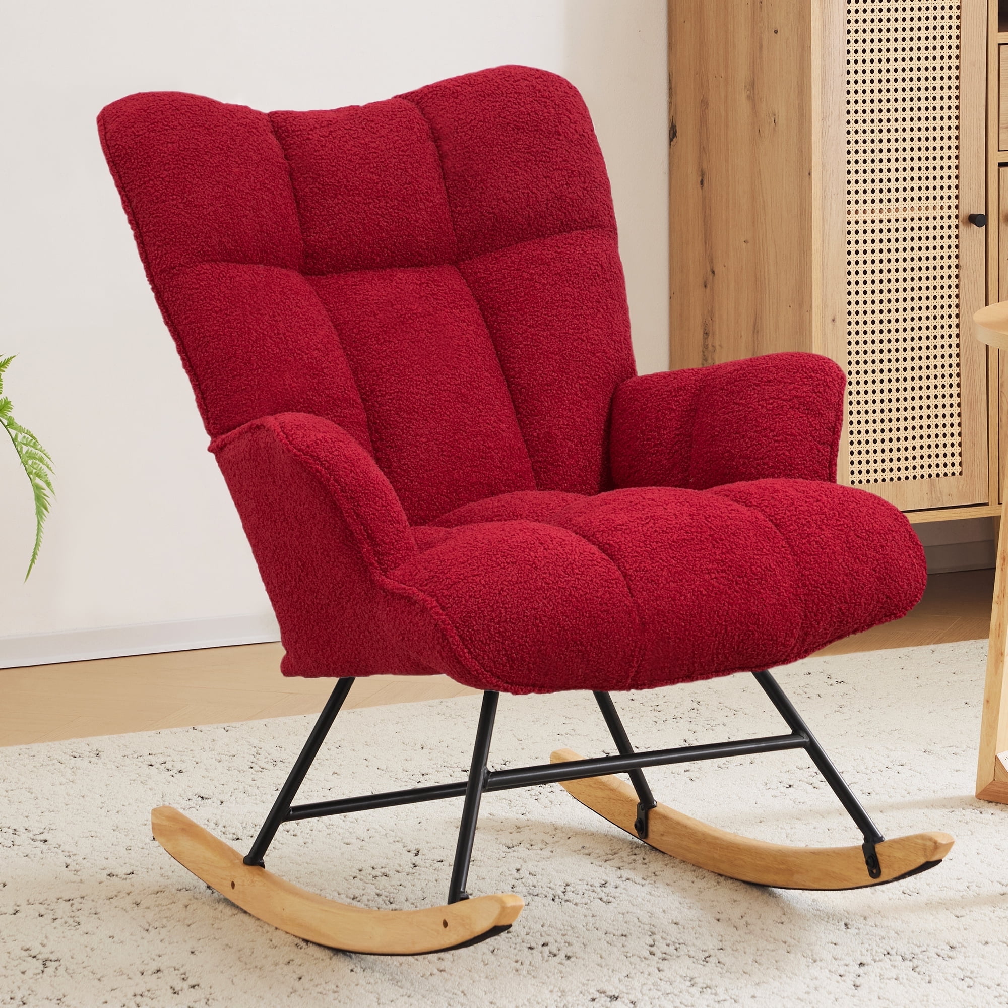 SAETSFEG Rocking Chair Nursery Teddy Upholstered Glider Rocker Rocking Accent Chair Padded Seat with High Backrest Armchair Comfy Side Chair for Living Room, Bedroom, Burgundy