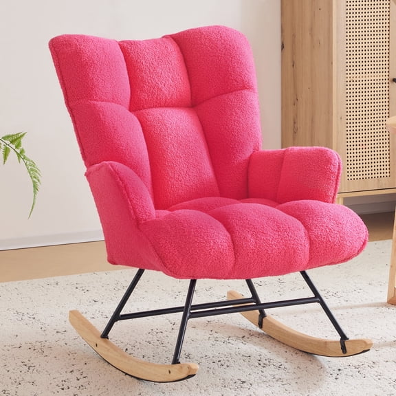 SAETSFEG Rocking Chair Nursery Teddy Upholstered Glider Rocker Rocking Accent Chair Padded Seat with High Backrest Armchair Comfy Side Chair for Living Room, Bedroom, Hotpink