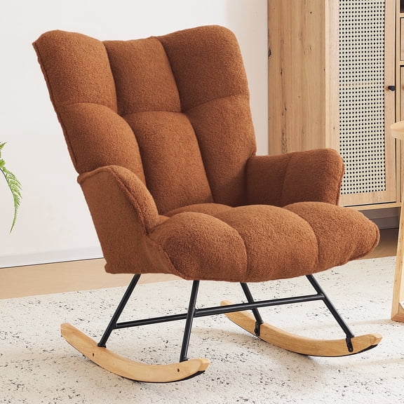 SAETSFEG Rocking Chair Nursery Teddy Upholstered Glider Rocker Rocking Accent Chair Padded Seat with High Backrest Armchair Comfy Side Chair for Living Room, Bedroom, Brown