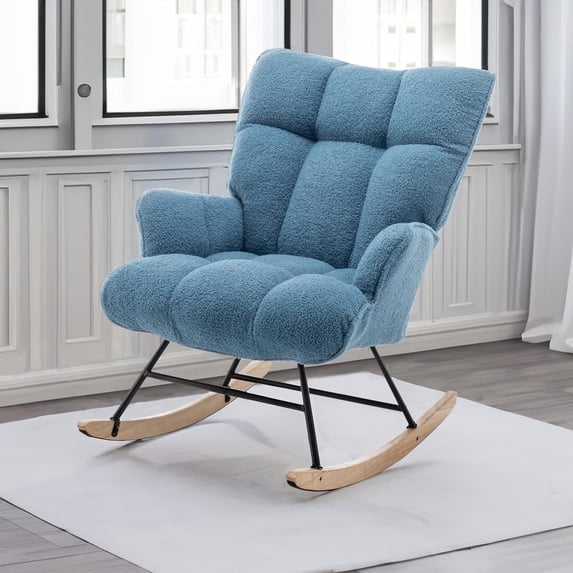SAETSFEG Nursery Rocking Chair, Upholstered Teddy Glider Rocker with High Backrest, Comfortable Accent Armchair with Padded Seat, Light Blue