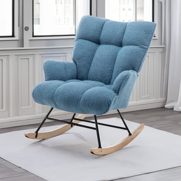 SAETSFEG Nursery Rocking Chair, Upholstered Teddy Glider Rocker with High Backrest, Comfortable Accent Armchair with Padded Seat, Light Blue
