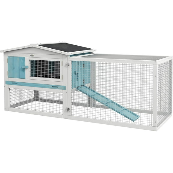 SAEWUD 2-Story Rabbit Hutch, Guinea Pig Cage, Small Animal House with Slide-Out Tray for Indoor & Outdoor Use, 61.5" x 23" x 27", Light Blue