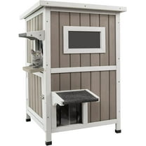 SAEWUD 2-Story Wooden Outdoor Cat House, Weatherproof Feral Cat Shelter with Escape Doors, Winter Waterproof Cat House for Indoor/Outdoor Use Grey