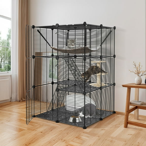 SAEWUD 3-Tier Cat Cage Enclosure with Hammock, Metal Wire Cat Kennel Playpen for 12 Cats, Indoor Pet Crate for Home, Apartment, Vet Recovery