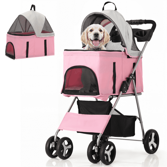 SAEWUD 3-in-1 Foldable Pet Stroller with Detachable Carrier and Car Seat for Small & Medium Dogs, One-Button Entry, 4-Wheel Travel Jogger, Pink, Up to 33 lbs