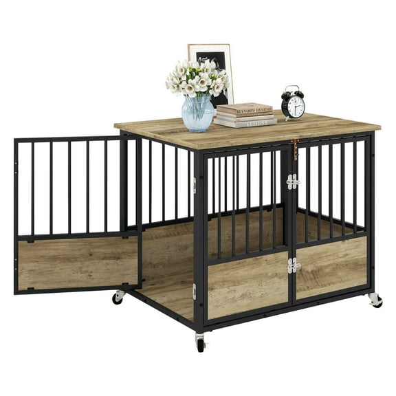 SAEWUD 38" Heavy Duty Dog Crate Furniture – Sturdy Pet Cage with Wheels & Double Doors, Convertible Dog Kennel Table for Living Room, Bedroom & Office.Grey