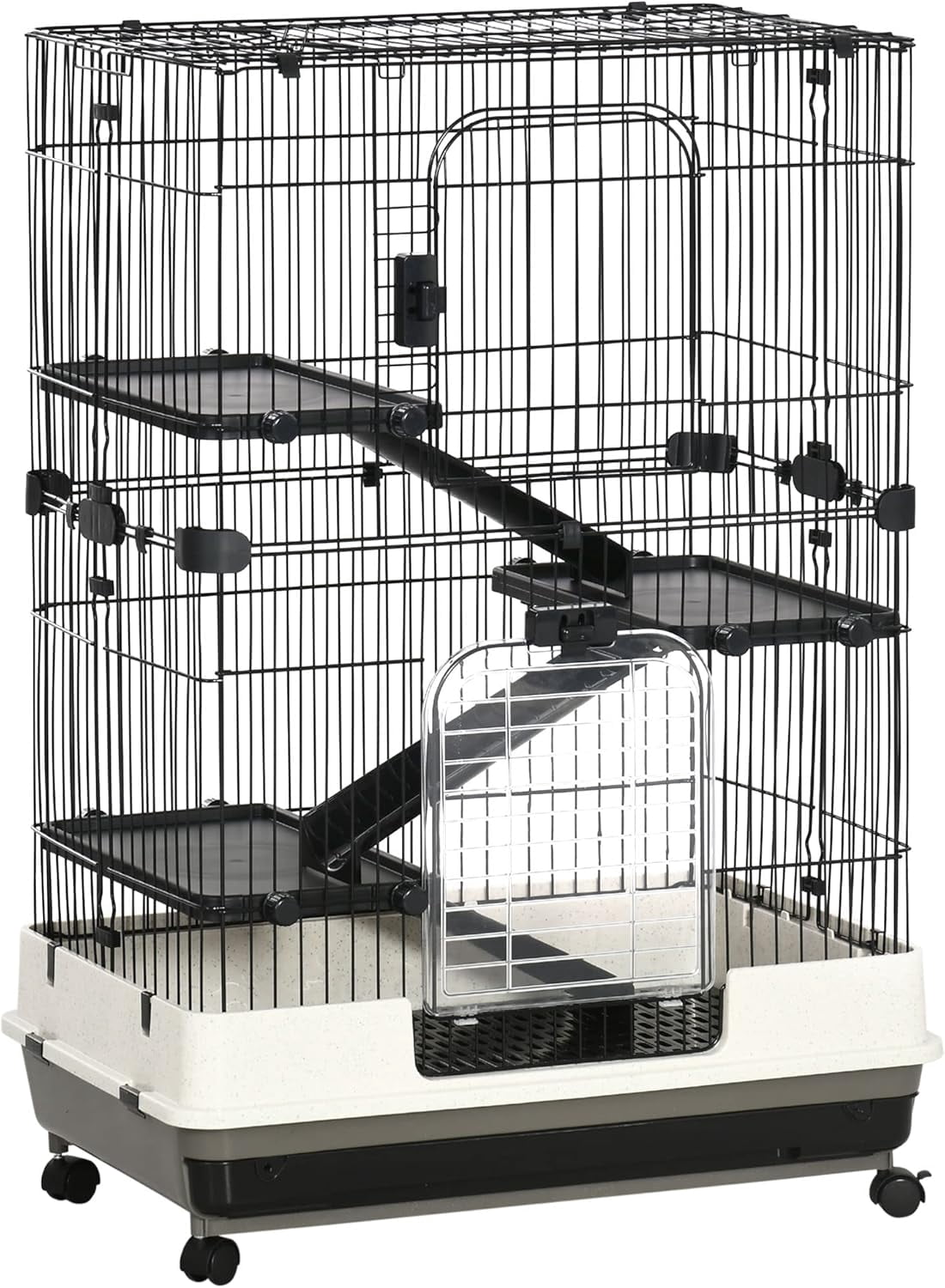 PawHut 2-Level Small Animal Cage With Wheels - Rabbit Hutch For Bunny, Chinchilla, Ferret, Removable Tray, Black