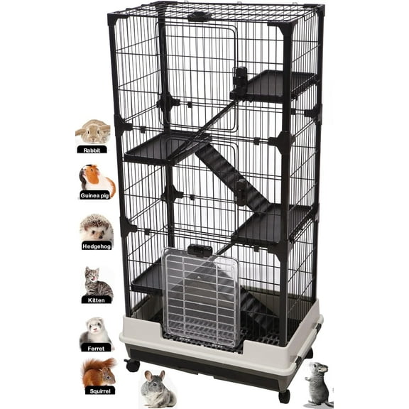 SAEWUD 5-Level In/Outdoor Small Animal Pet Cage for Ferret Squirrel Chinchilla Cat Playpen Rabbit Hutch with Solid Platform Ramp Leakproof Litter Easy Clean 2-Inch Deep Tray Lockable Casters