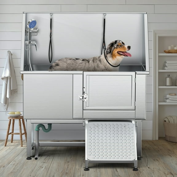 SAEWUD 50" Professional Stainless Steel Dog Grooming Tub with Ramp 304 Grade Dog Bathing Station for Home, Pet Salon, Veterinary Use