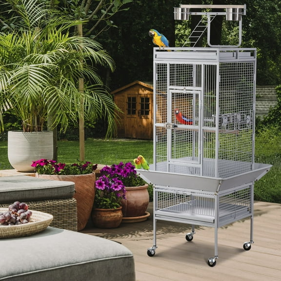 SAEWUD 61" Large Play Top Parrot Cage - Removable Stand, Spacious Design for Macaws, Cockatoos & Finches | Durable Gray Bird Cage with Easy-Clean Trays