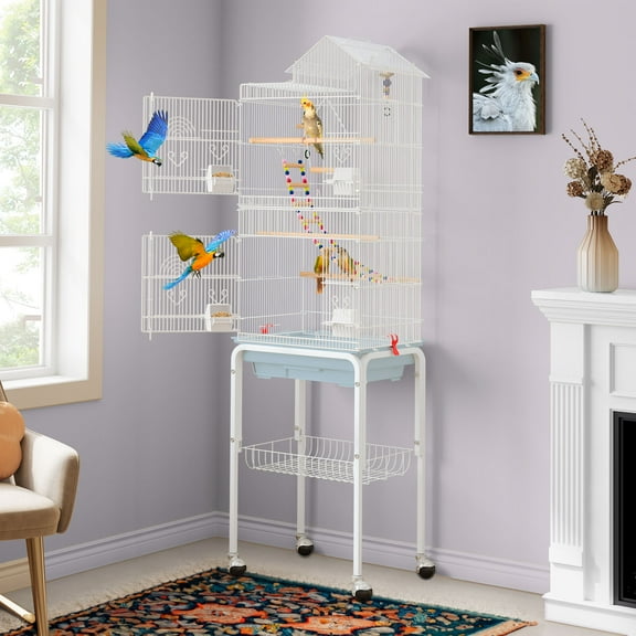 SAEWUD 62 in Roof Top Flight Bird Cage for Parakeets Cockatiels Conures Finches Lovebirds Canaries Budgies Small Parrots, Large Birdcage with Detachable Rolling Stand, White