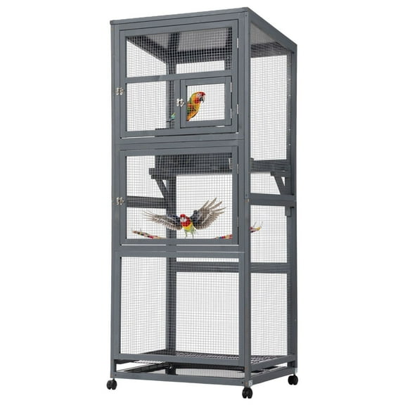 SAEWUD 68" Large Wooden Bird Cage on Wheels - Outdoor Aviary with Pull-Out Tray, Spacious & Ventilated Safe Design