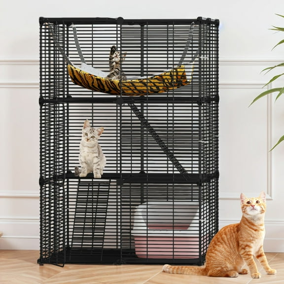 SAEWUD Cat Cage Indoor Enclosures  Large DIY Metal Cat Playpen with Hammock, Platforms, Doors  Multi-Level Cat Kennel for Kittens, Pets, Home Use