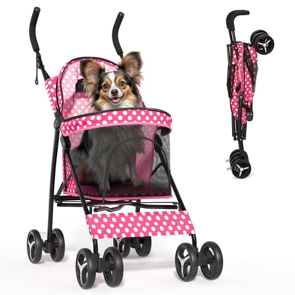 SAEWUD Lightweight Pet Stroller for Small to Medium Dogs & Cats up to 22lbs, 4-Wheel Foldable Travel Jogger with Mesh Ventilation & Rear Storage for Outdoor Walks - Pink Polka Dots