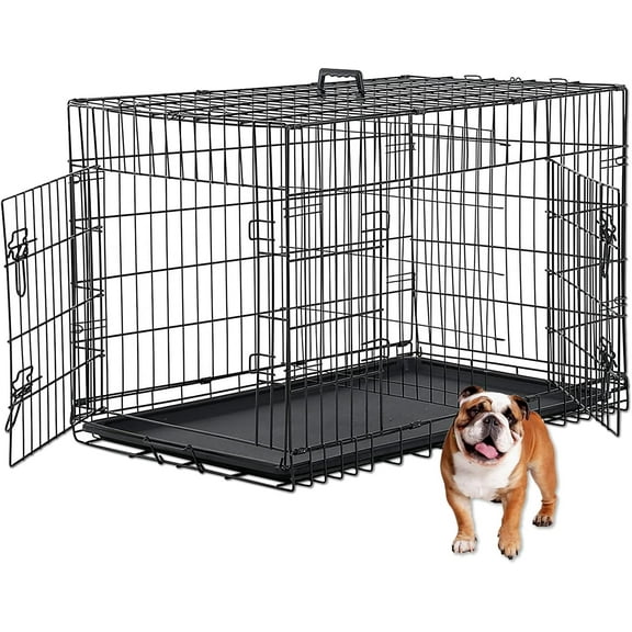 SAEWUD Dog Crate, Dog Kennel 48 Inch Double Door Metal Crate Foldable Puppy Supplies Cage with Divider Panel, Handle, Plastic Tray for Pet Animals Outdoor Indoor (48 Inch) ,Black, 48In