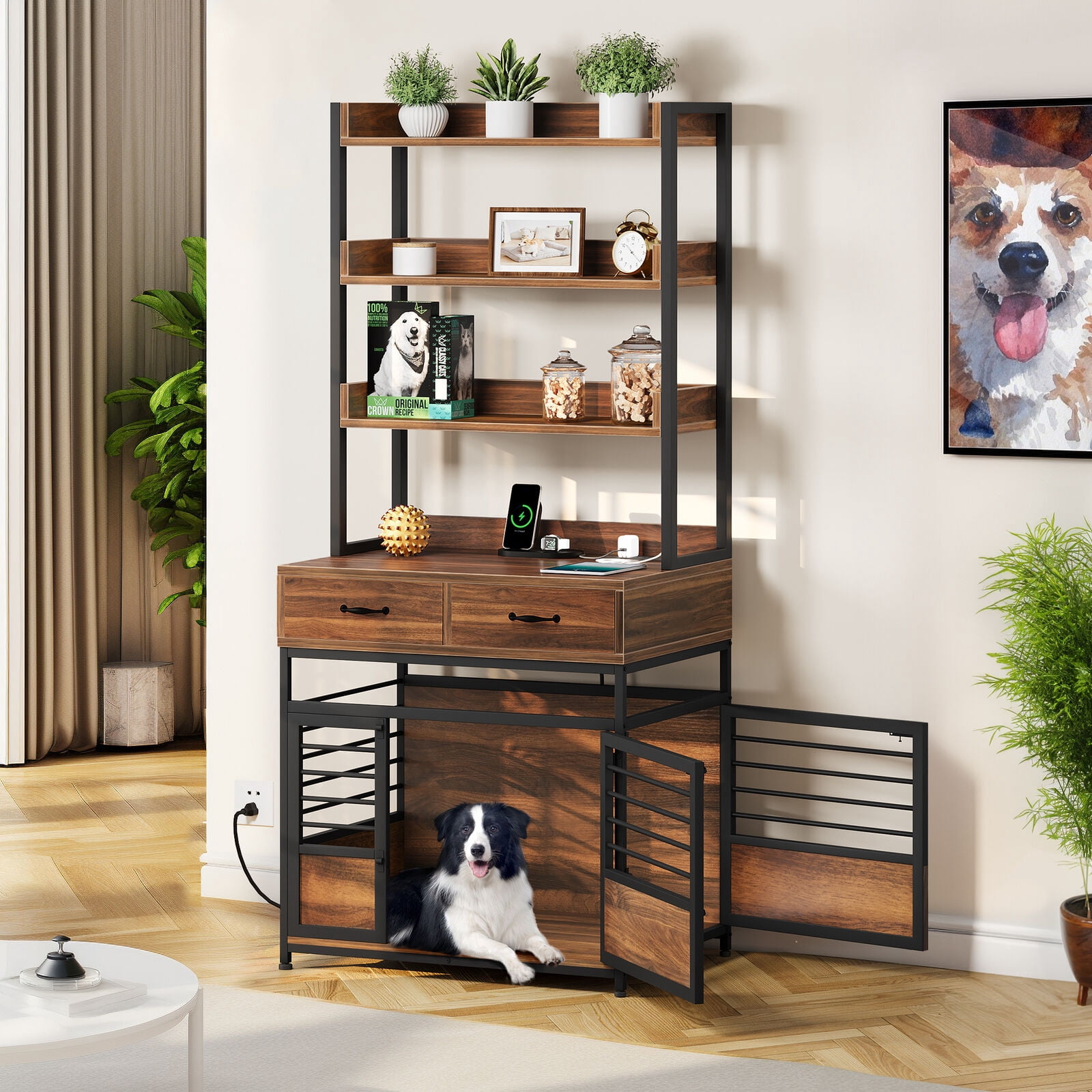 SAEWUD Dog Crate Furniture with Storage Shelves, Heavy Duty Dog Crate ...
