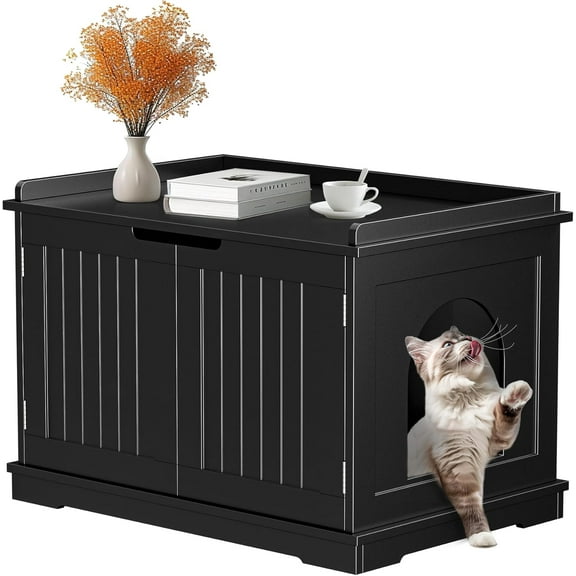 SAEWUD Extra Large Wooden Cat Litter Box Enclosure with Removable Divider, Hidden Cat Furniture Cabinet, Indoor Pet House Nightstand for Large Cats, Black