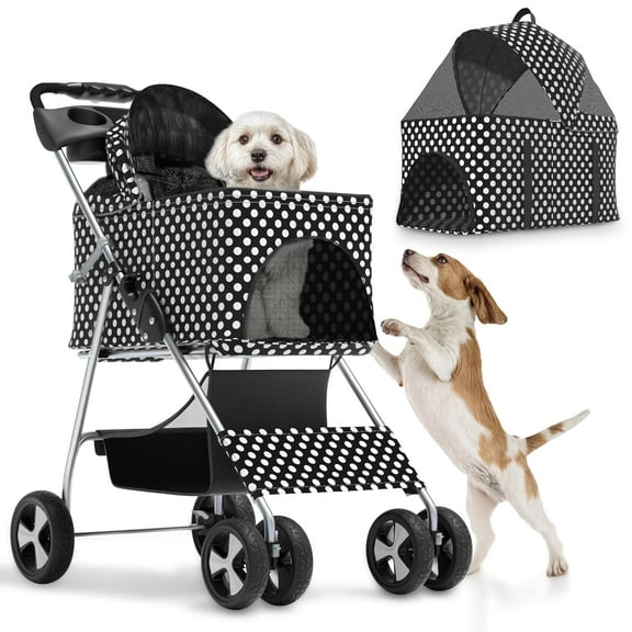 SAEWUD Foldable Pet Stroller, 3-in-1 Dog Travel Jogger with Detachable Carrier, Cup Holder, Storage Basket, Folding Carrier for Small/Medium Dogs & Cats Up to 33 lbs, Black Polka Dots