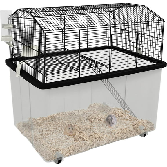 SAEWUD Hamster Cage, 2-Tier Gerbil Cage with Wheels, Deep Bottom, Ramp, Food Dish, and Water Bottle for Dwarf Hamster and Syrian Hamster, 57 x 43 x 57cm - Black