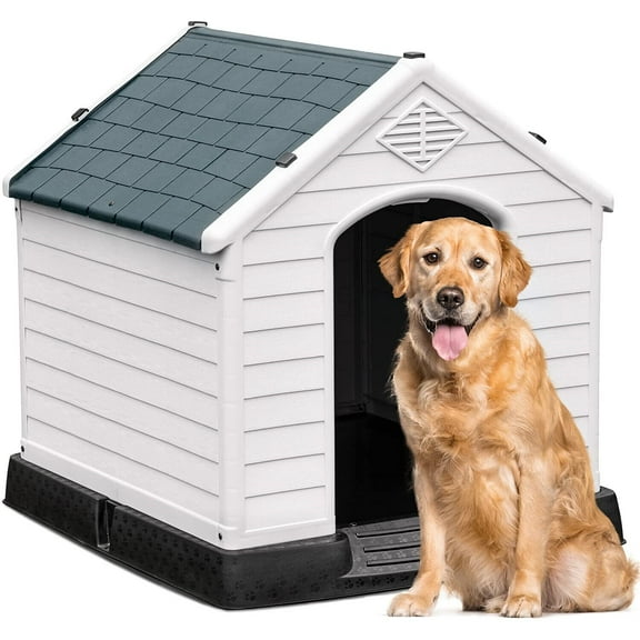 SAEWUD Large Outdoor Plastic Dog House - Indoor/Outdoor Puppy Kennel, Waterproof & Durable, Easy to Clean, 41"D x 38"W x 39"H for Medium/Large Dogs.Gray