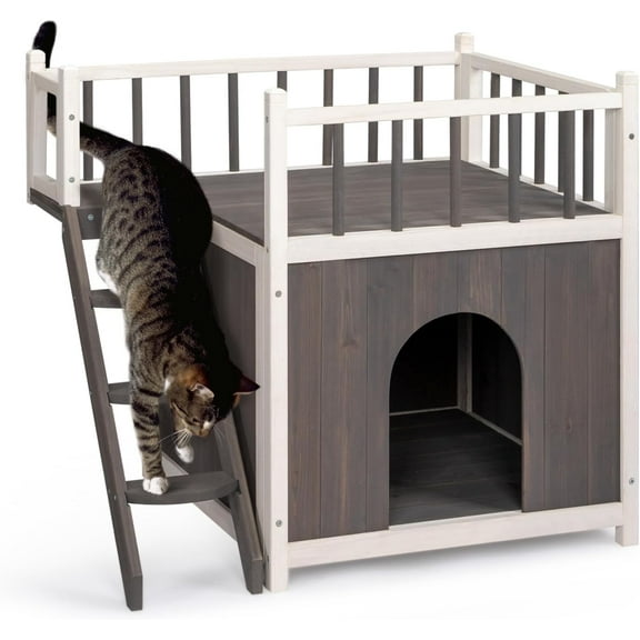 SAEWUD Outdoor Cat House, 2-Story Wooden Feral Cat House for Outdoor and Indoor, Pet House Cat Houses & Condos with Stairs, with Stairs, Grey & White