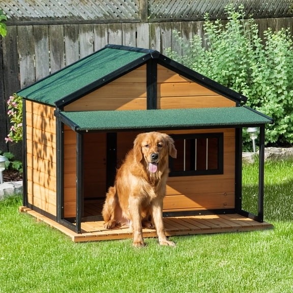 SAEWUD Outdoor Wooden Raised Dog House with Porch for Medium to Large Dogs, Weather-Resistant Cabin Style Pet Shelter, Yellow