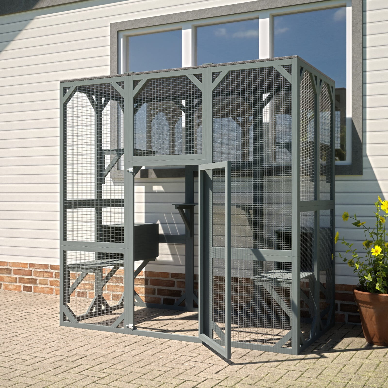 SAEWUD Outdoor Wooden Catio Cat House – Large Pet Enclosure with 6 ... - Dog Shelter For Multiple Dogs And Cats