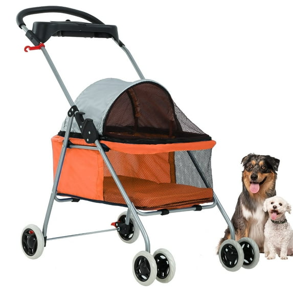 SAEWUD Pet Stroller 4-Wheel Posh Folding Waterproof Portable Travel Dog & Cat Stroller with Cup Holder for Pet Outings, Shopping & Walks,Orange