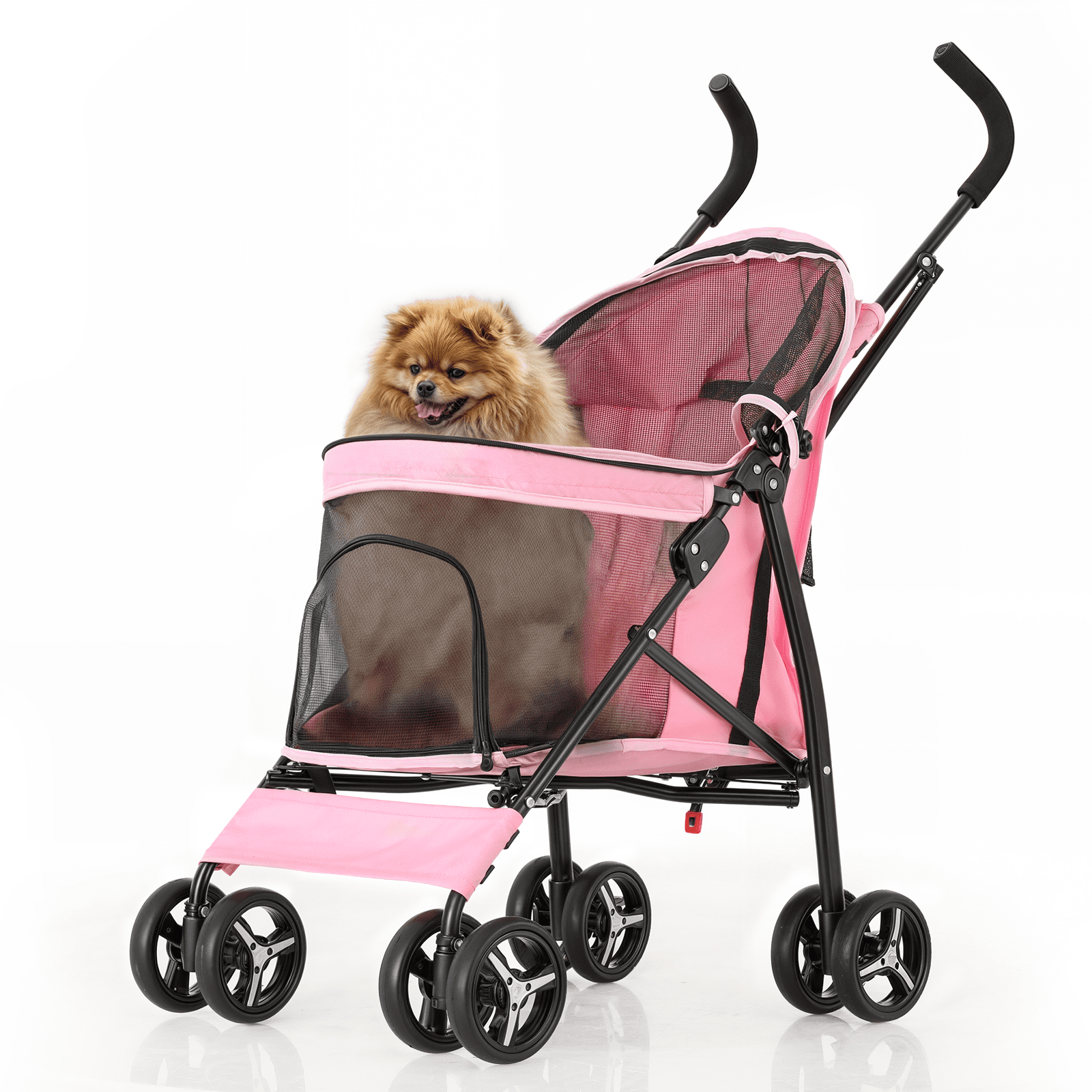 SAEWUD Pet Stroller for Small/Medium Pets, 4 Wheels Jogger with Sun Cover, Foldable Dog/Cat Carrier with Mesh Window, Storage Bag, Pink