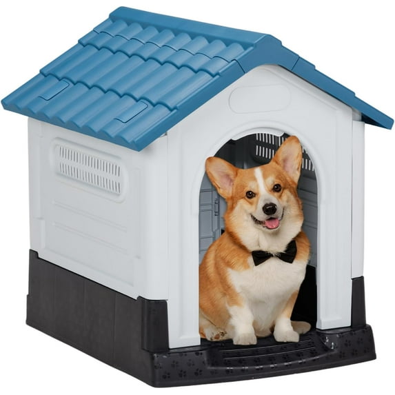 SAEWUD Plastic Dog House, Weatherproof Pet Dog Kennel Outside, Puppy shelter with Air Vents and Elevated Floo for Small Medium Large, Indoor & Outdoor Use (Grey, 26“)