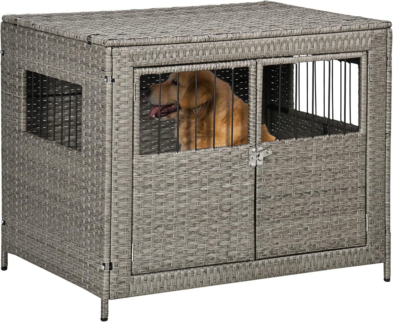 Picture of SAEWUD Rattan Dog Crate with Double Doors, Wicker Dog Cage with Soft ...