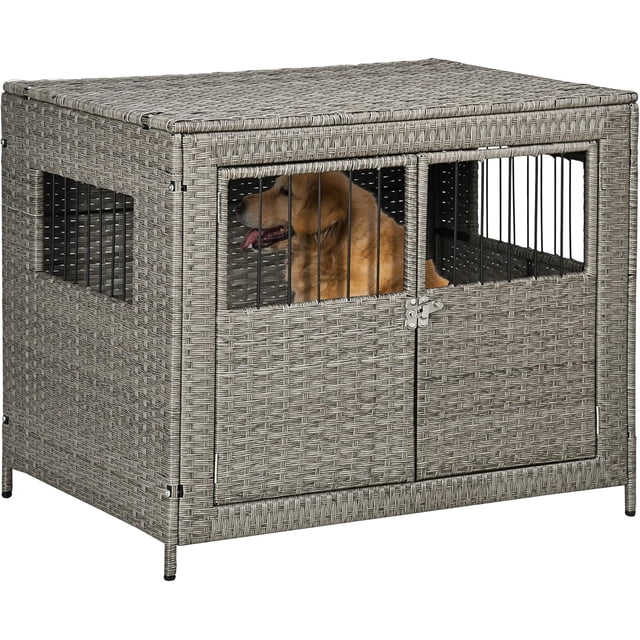 SAEWUD Rattan Dog Crate with Double Doors, Wicker Dog Cage with Soft ...