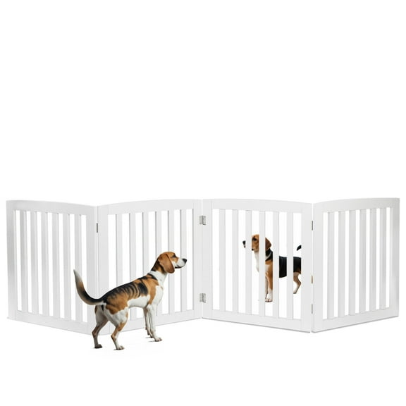 SAEWUD Solid Hardwood Free Standing Dog Gate,Wooden Pet Gate for Stairs,Freestanding Indoor Safety Fence for Extra Wide Using,White,24" Height-4 Panels